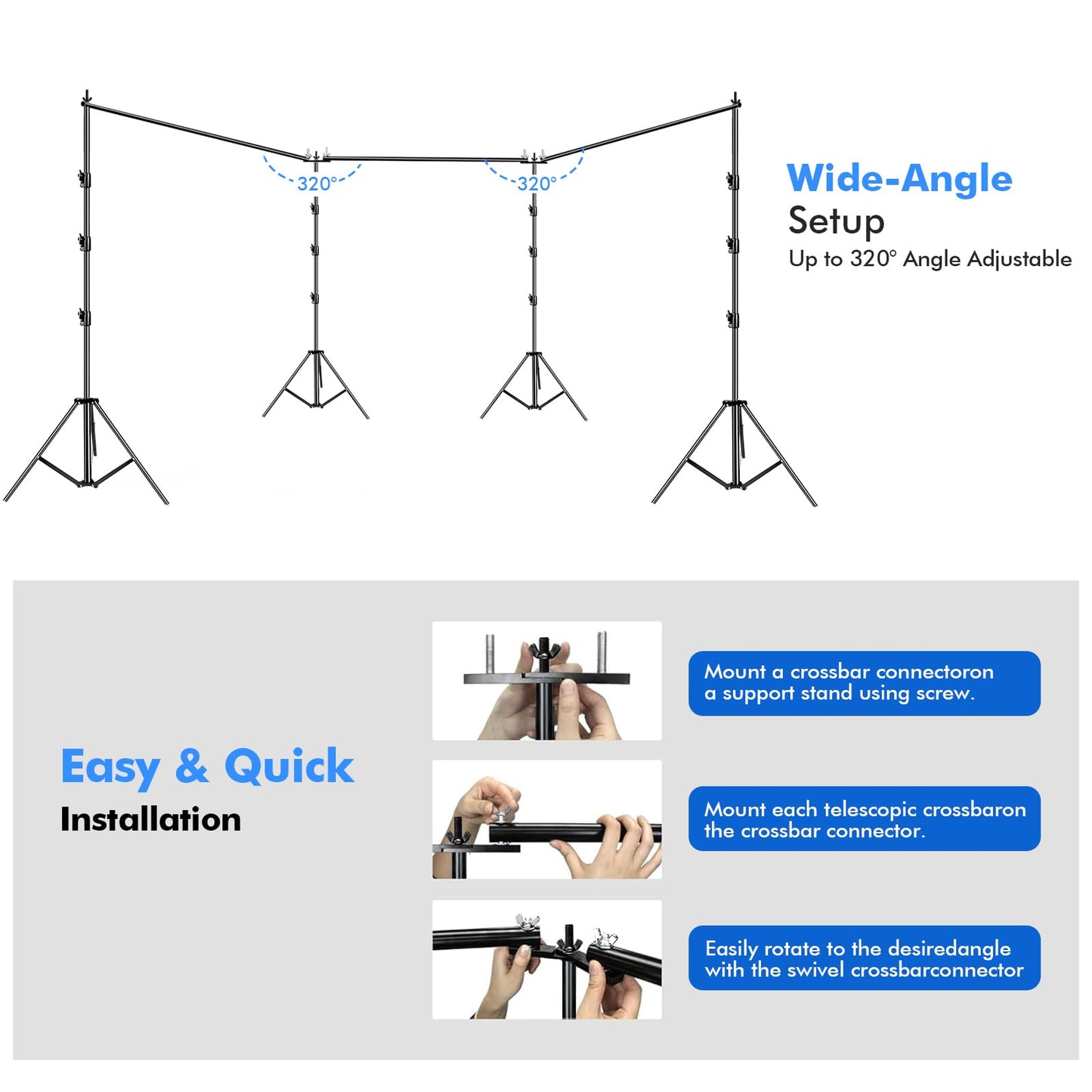 SLOW DOLPHIN Photo Video Studio 30ft (Wide) x 10ft (Tall), Degree Crossbar Rotatable, Angle Adjustable Triple Crossbar Extender Mount, Photography Background Support System, Sand Bags,Clamps