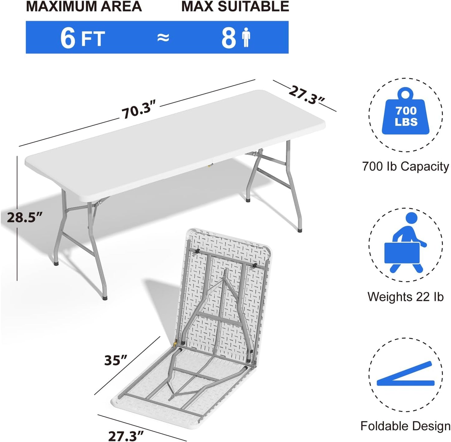 Regine Switzerland 6FT Folding Table - Heavy Duty Plastic Portable Dining Table for Indoor/Outdoor Use | White