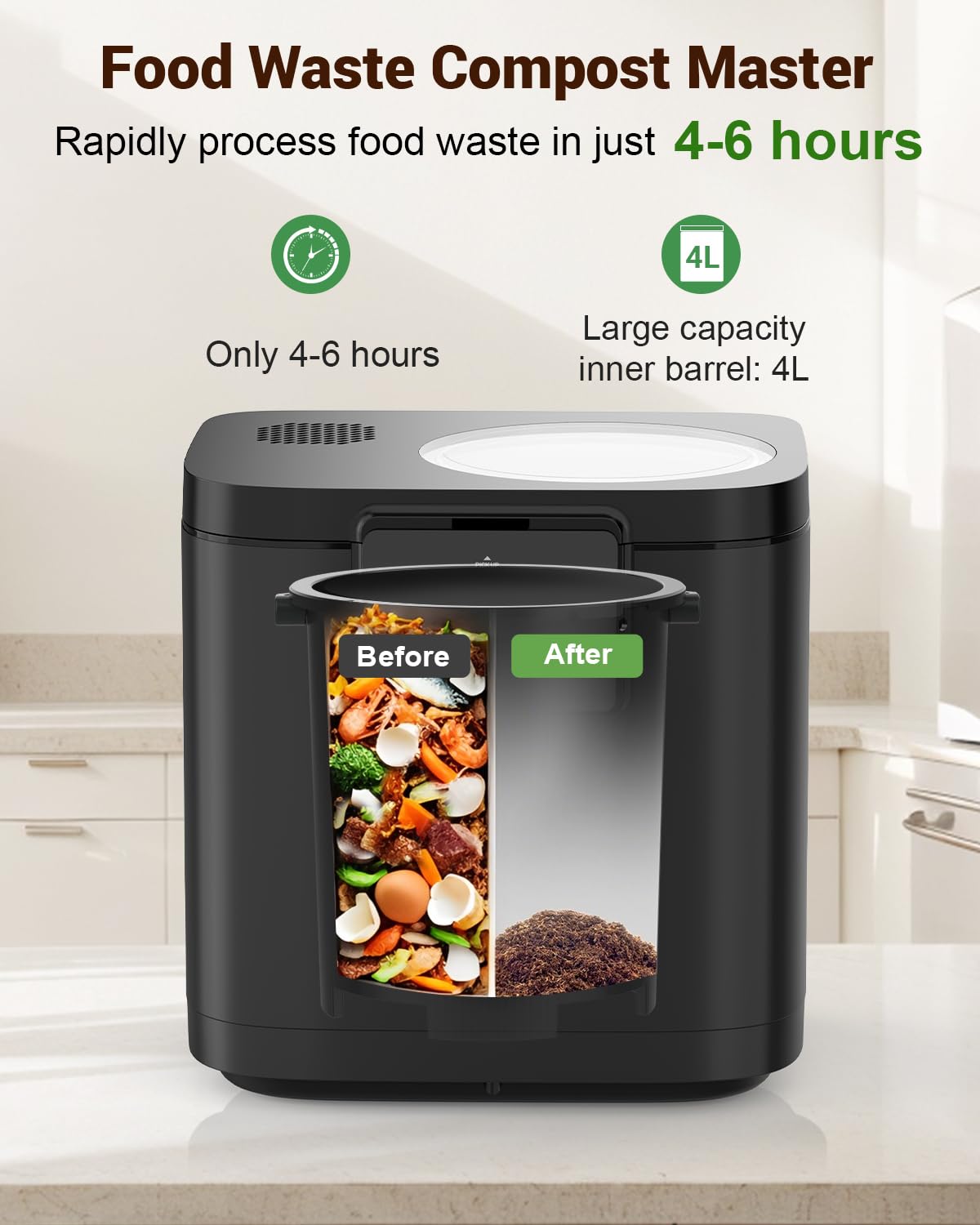 Growell 4L Electric Kitchen Composter, Countertop Compost Bin with Dual Carbon Filters, Visible Window, Auto-Clean, Quiet & Long-Life Upgraded Brushless Motor, Indoor Food Waste Composting Machine