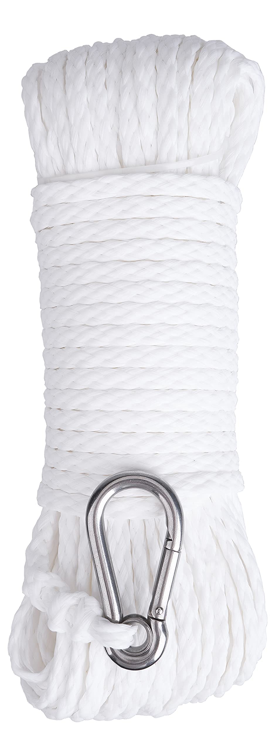 MARINE SYSTEM Made PP Hollow Braid Anchor Line Polypropylene 1/4 inch 50FT 100FT with Stainless Steel Spring Hook, White(1/4" x 100')