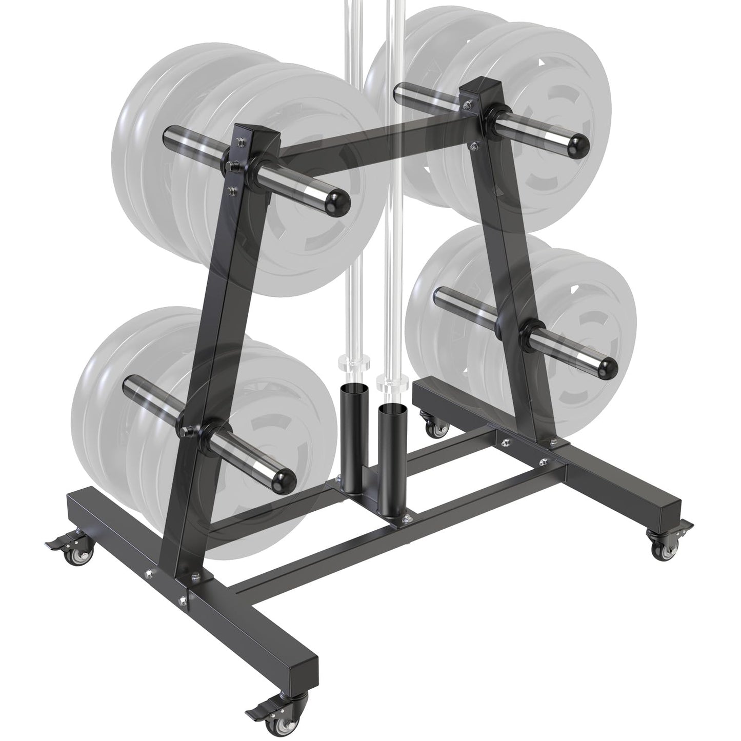 Kipika Weight Plate Tree Rack, Weight Holder for 2 inch Olympic Weight Plate & 2 Barbell Holders, Heavy Duty Bumper Plate Storage Organizer for Home Gym with Optional Wheels (B-Black (with Wheels, 550 LBS))