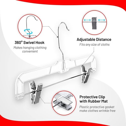 DEILSY™ Skirt Hangers - Non-Slip Pants Hangers with Adjustable Clips - Clear Plastic, Pack of 12