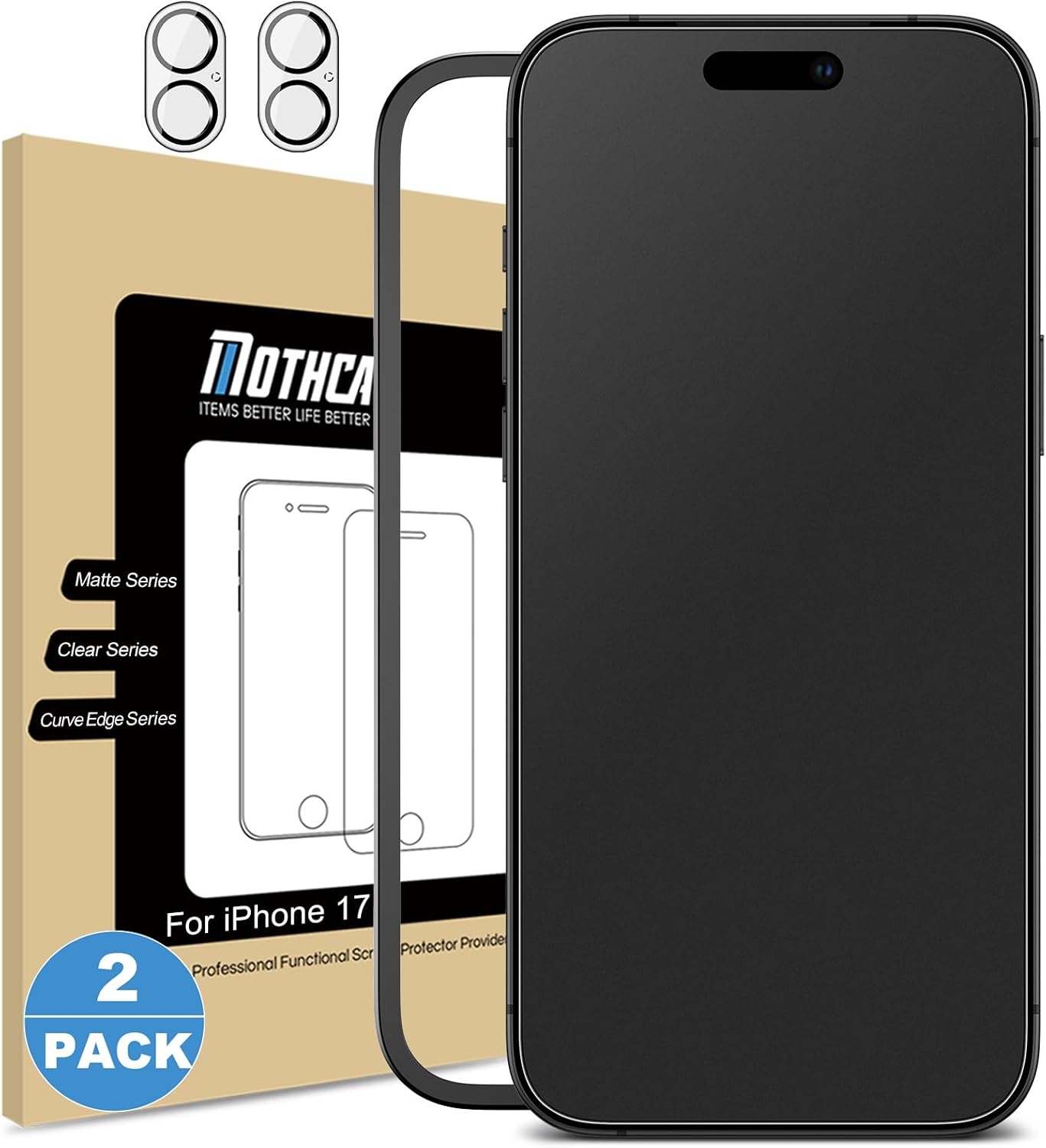 2 Pack 17 [6.3 inch] 2 Pack Mothca Matte Glass Screen Protector for iPhone + Camera Lens Protector, Anti-Glare