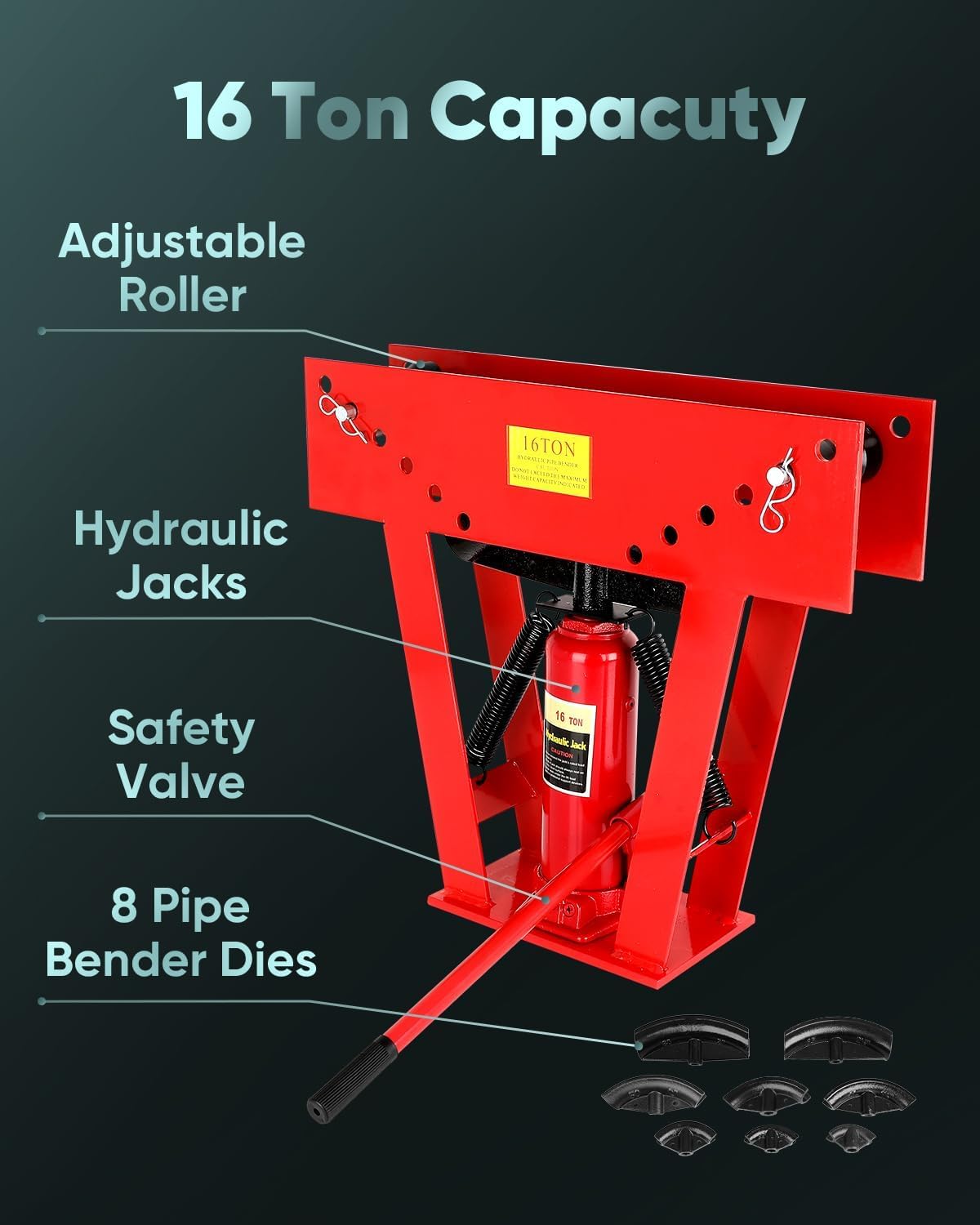 16 Ton Hydraulic Pipe Bender Manual Copper Tubing Bender Tool with 8 Dies (1/2",3/4",1",1-1/4",1-1/2",2",2.5", 3"), 90°-180° Adjustable Rollers Steel Iron Metal Ratcheting
