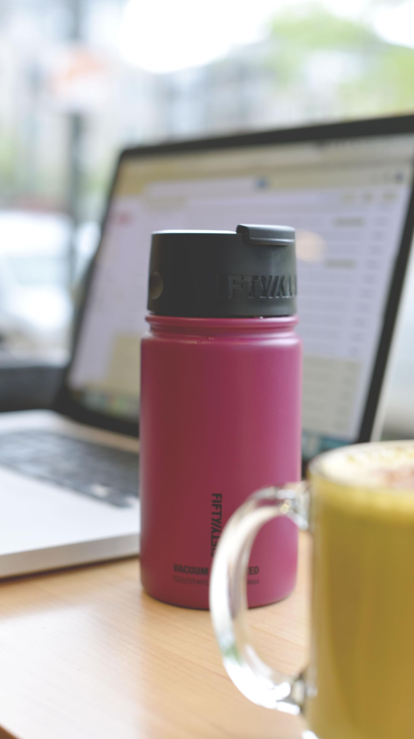 Fifty/Fifty 20oz, Double Wall Vacuum Insulated Café Water Bottle, Stainless Steel, Flip Cap w/ Wide Mouth, Slate Grey, 20oz/591mL