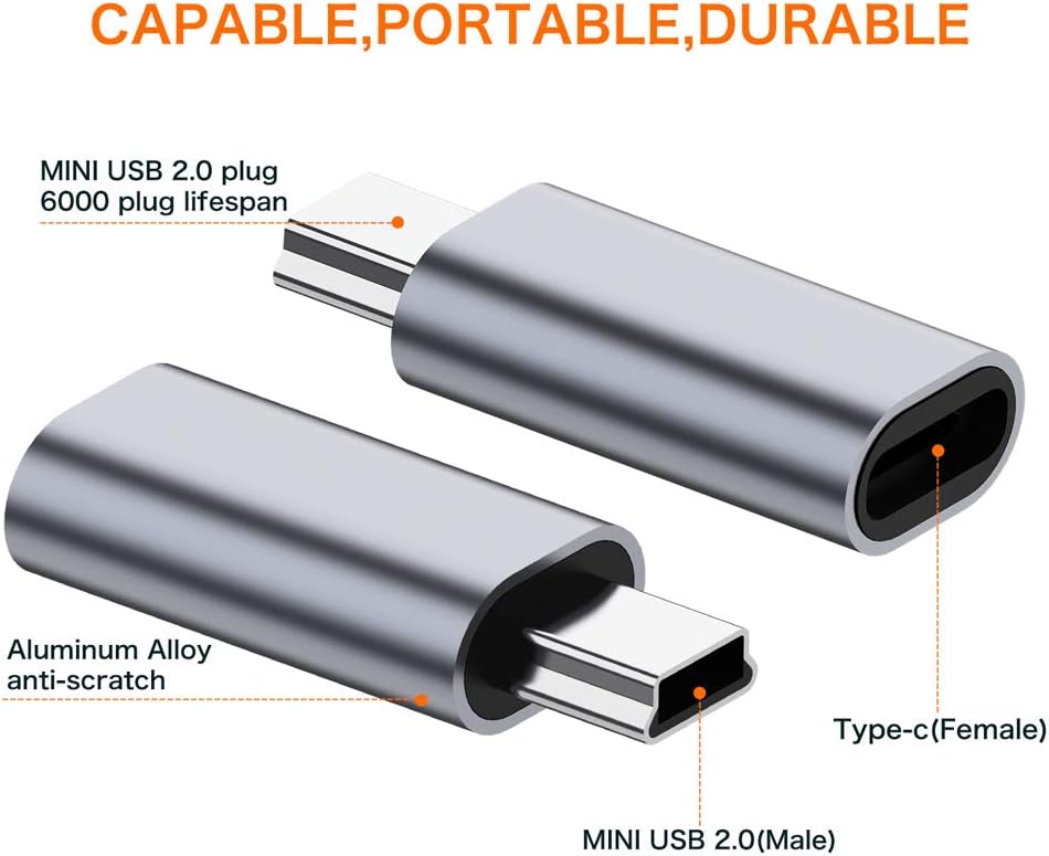 JXMOX 2.0 (2-Pack)Type 2.0 3+, MP3 USB C to Mini USB Adapter, C Female to Mini USB Male Convert Connector Support