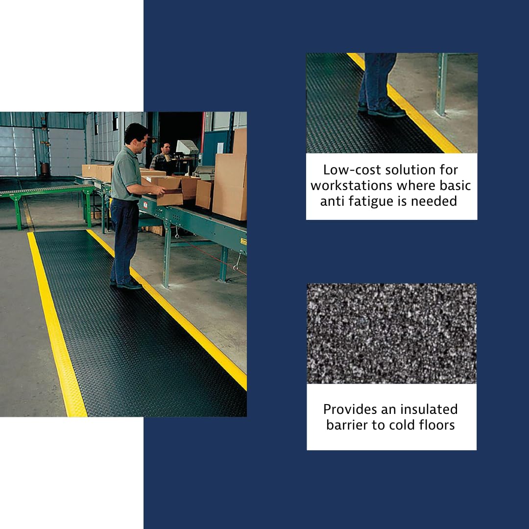NoTrax 418 Diamond Tred™ 3' x 12' x 3/8" Anti Fatigue Mat, Enhanced Slip Resistance with Beveled Edges and Diamond Surface, Ideal for Industrial and Commercial Workplaces, Black/Yellow, 418S2312BY