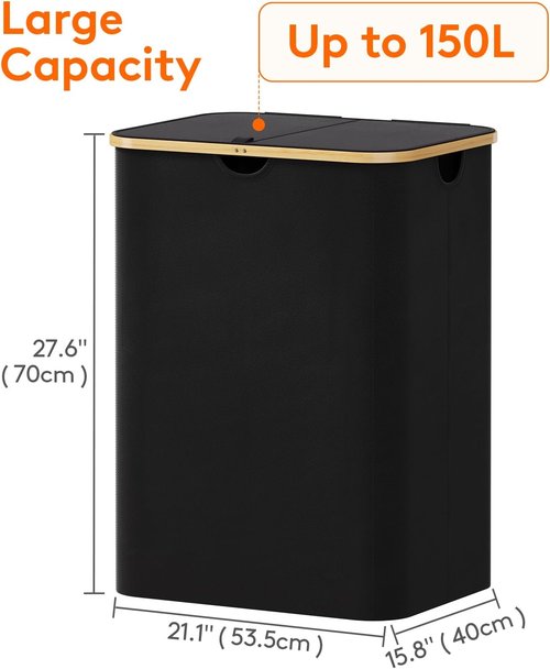 Lifewit 150L Laundry Basket - Foldable Hamper with Lid & Bamboo Handles | Black with 2 Removable Bags
