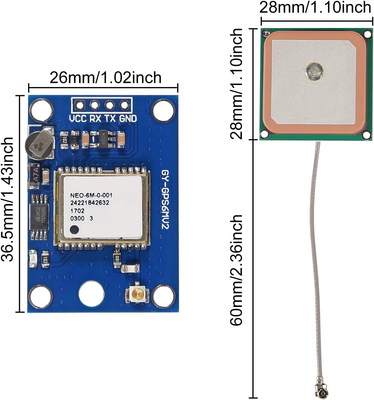 AITRIP 2PCS GY-NEO6MV2 NEO-6M 3V-5V 2.5 GPS Flight Controller Module with Super Strong Ceramic Antenna EEPROM APM