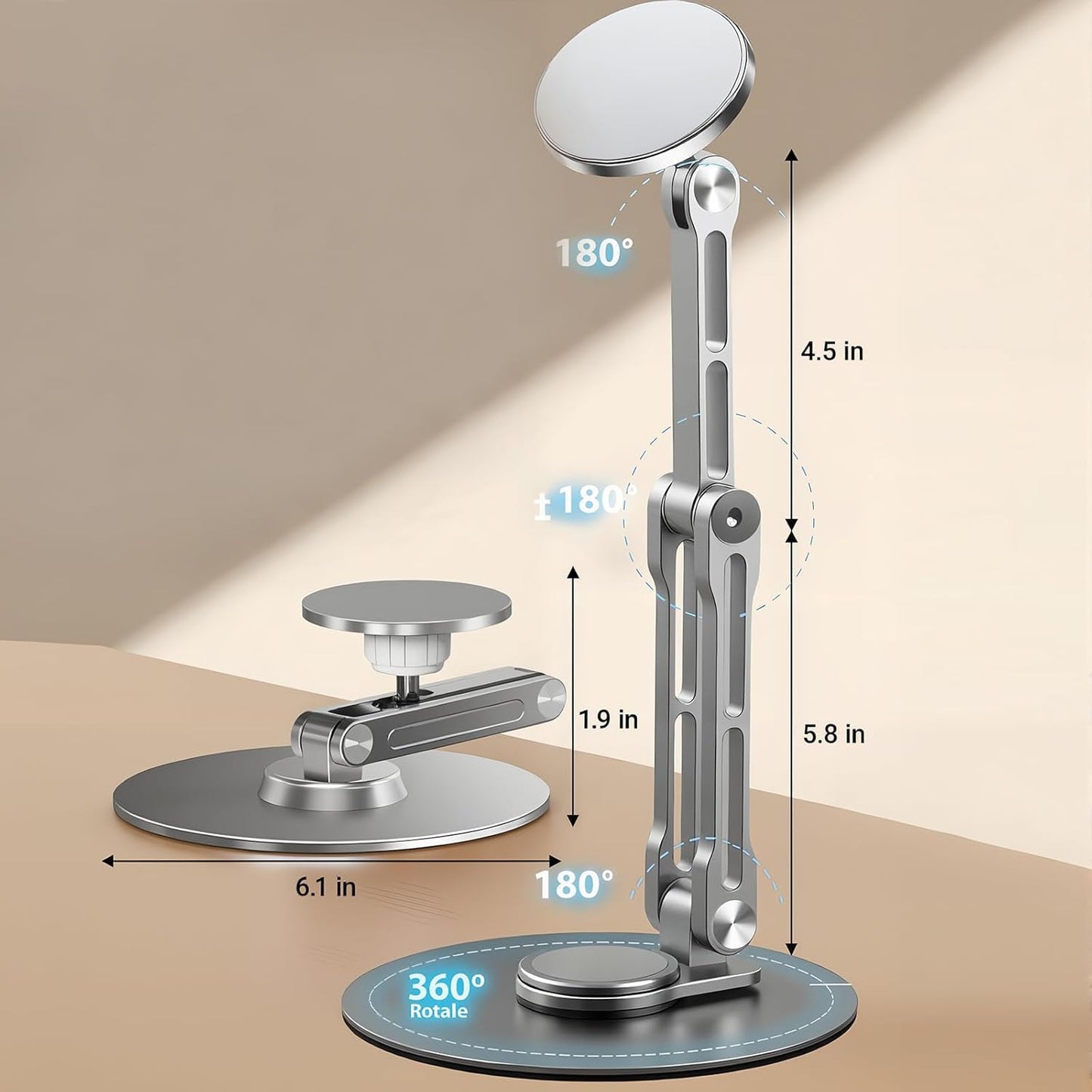 Msounehna 360 Magnetic iPad Stand for Desk, Foldable Aluminum Alloy Tablet Holder with Adjustable Base | Ergonomic