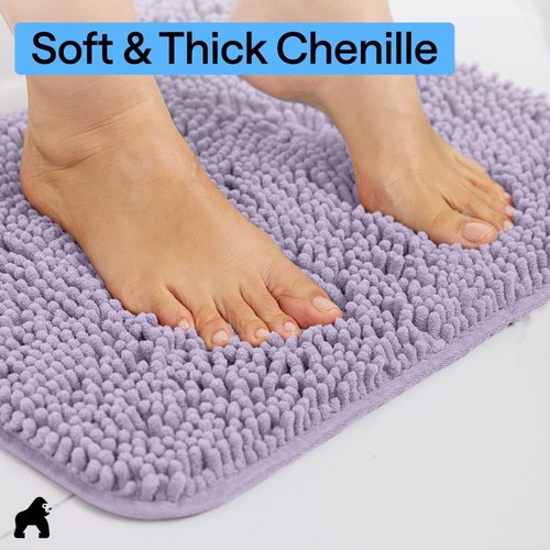 GORILLA GRIP Bath Rug Mat - 60x24 Thick Soft Absorbent Chenille | Quick-Dry Microfiber, Rubber Backing, Light Purple