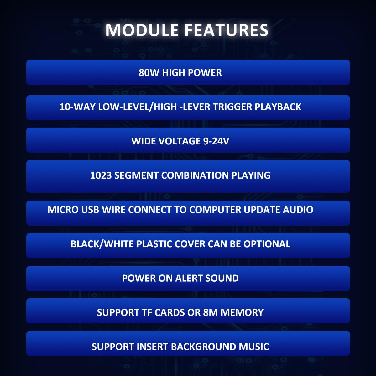 JRGKJCP 80W Module,CH358D 8MB 9-24V Download,MP3 Decoding,10-Way One-to-One,8 Vocie Playback Low Lever Trigger DC Sound