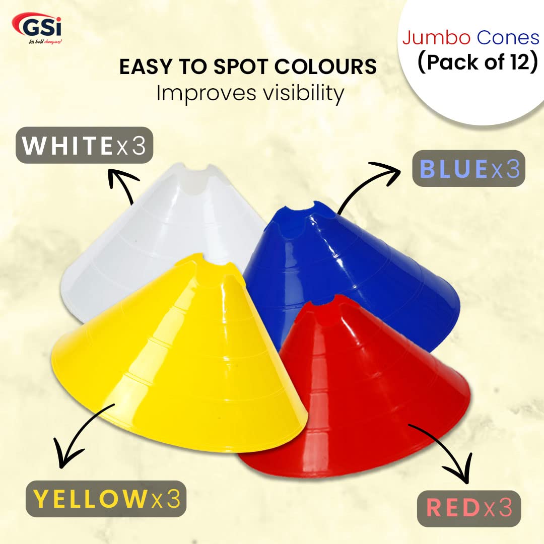 GSi Jumbo Soccer Cones - 12 Pack | High Visibility | Convertible Cone/Hurdle | Carry Strap Included | for Sports Training Drills