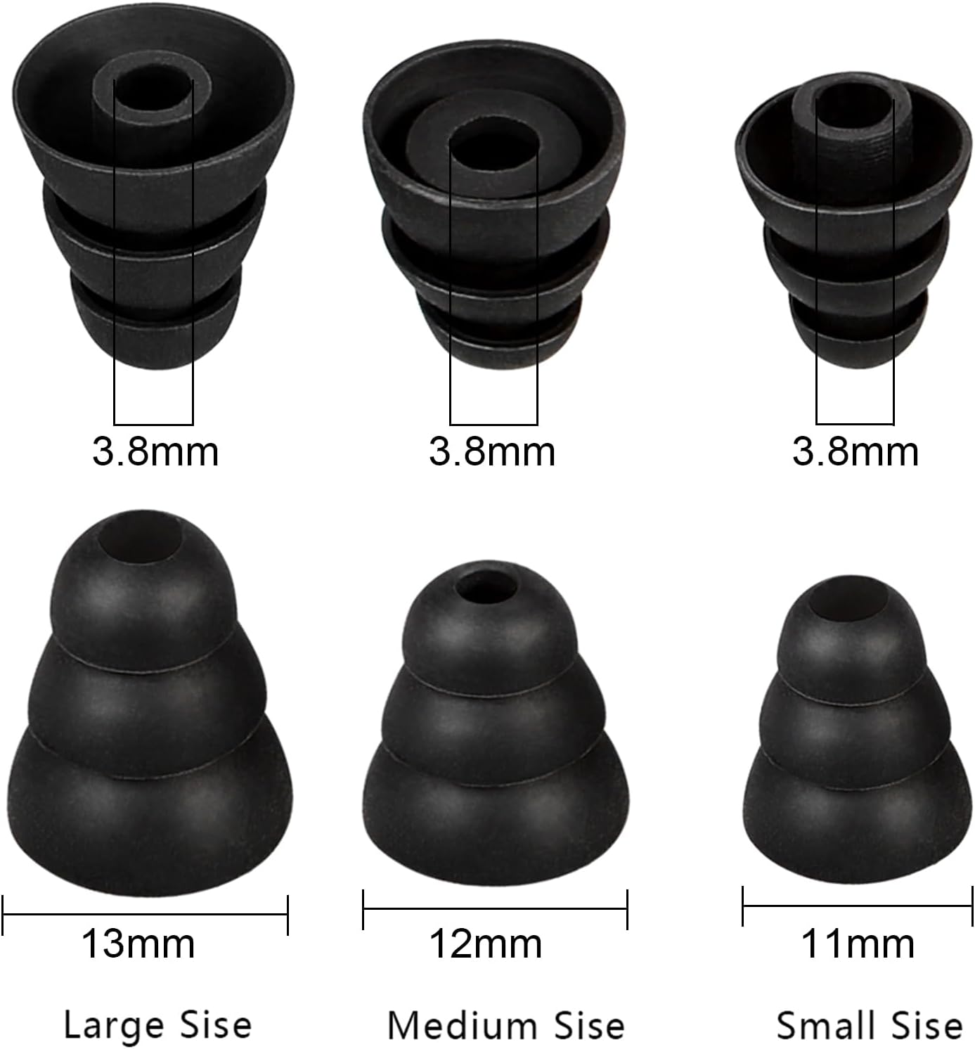N&P 9 3.8mm Earbud Tips Earbud Covers Triple Flange Ear Tip, Pairs S/M/L Size Triple Flange Noise Isolate Silicone
