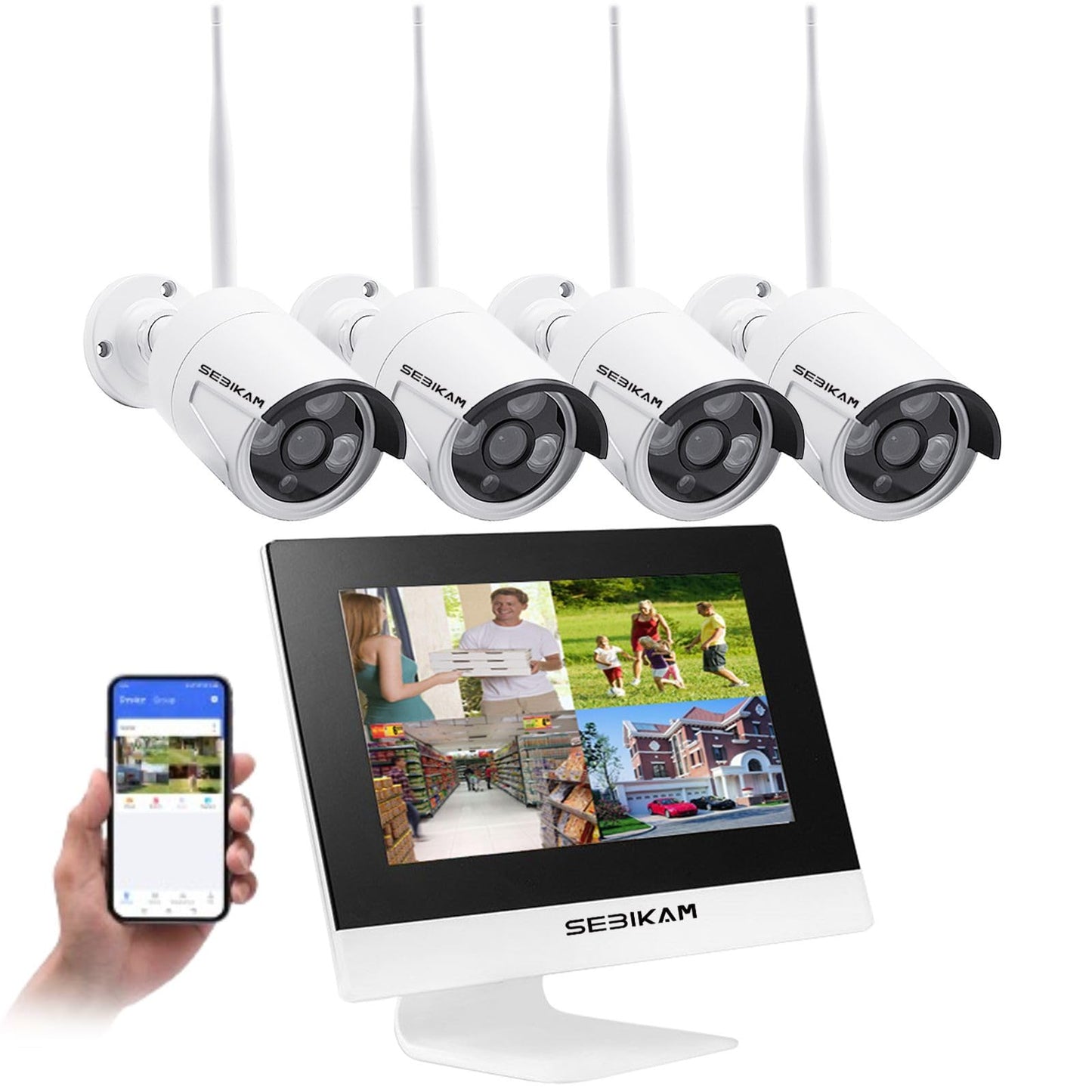 SEBIKAM 2K Wireless Security Camera System Outdoor with 10.1" Monitor, 4pcs 3MP Wired Plug-in Powered Cameras 2-Way Audio, No Monthly Fees, Night Vision, Motion Detection Surveillance (No Hard Drive)