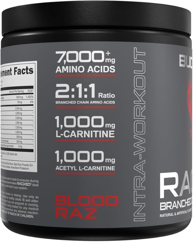 Bucked Up- BCAA RACKED??Branch Chained Amino Acids | L-Carnitine, Acetyl L-Carnitine, GBB | Post Workout Recovery, Protein Synthesis, Lean Muscle BCAAs That You Can Feel! 30 Servings (Blood Raz)