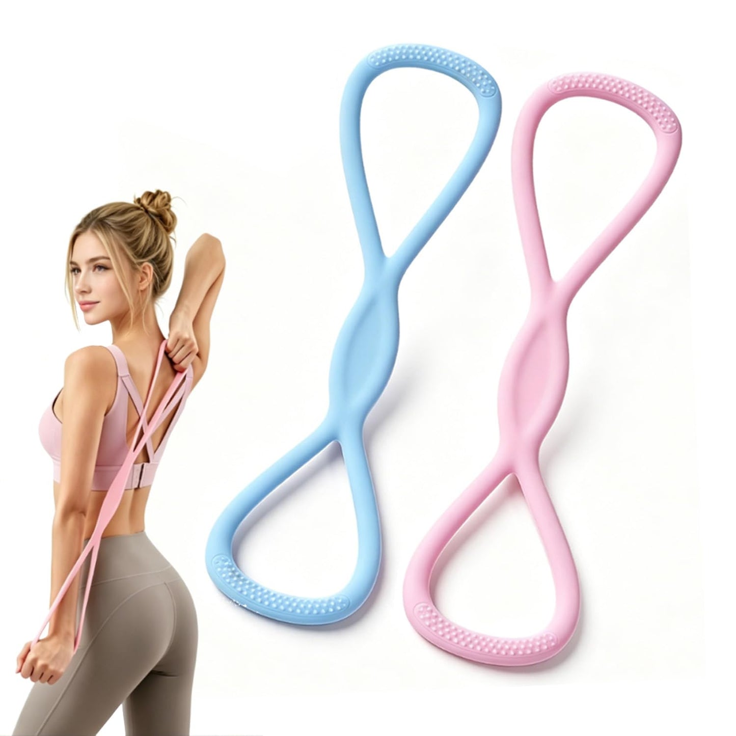 2PCS Figure 8 Resistance Band, Figure 8 Resistance Bands for Women & Men, Non-Slip Handles Rubber Band for Arms, Back, Shoulder Stretch with Handles (Pink+Blue)