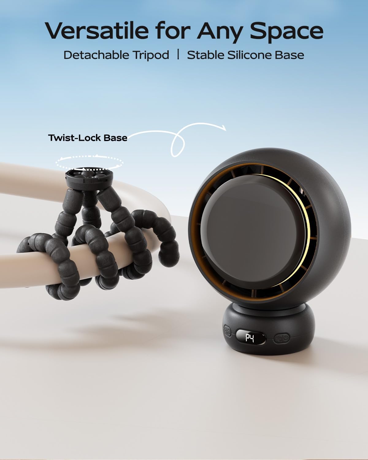 Skiennix Mini Portable Stroller Fan - 60° Auto Oscillation, USB-C Rechargeable, 4 Speeds, Night Light & Flexible Tripod (Black)