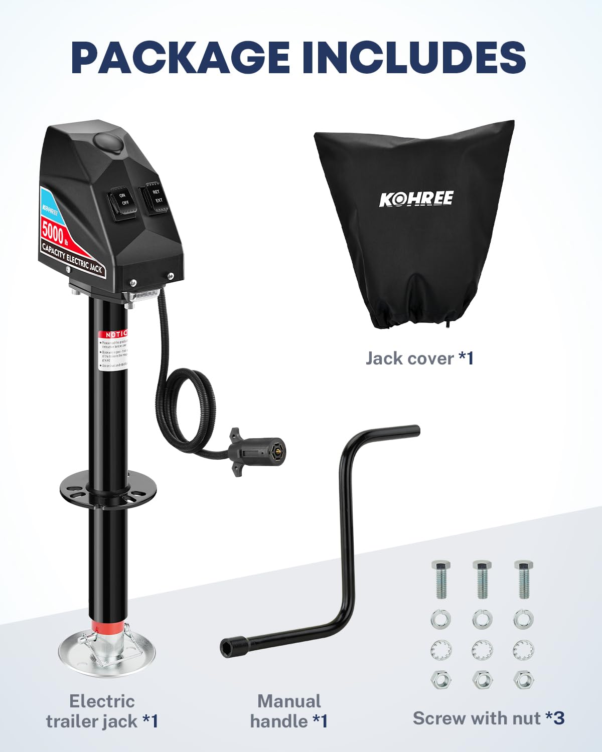 Kohree Electric Trailer Jack 5000 lbs with 7-Way Connector, Heavy Duty RV Electric Tongue Jack for Travel Trailer A-Frame Camper, with Manual Crank Handle & Weatherproof Jack Cover, 22" Lift, 12V DC