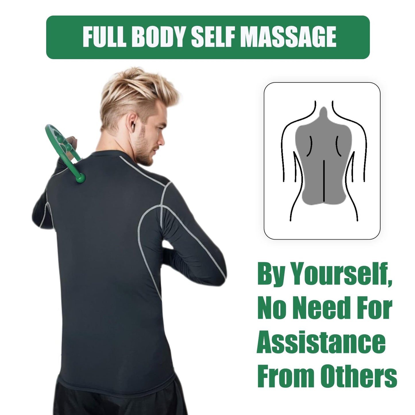 Trigger Point Massager & Back Cane- Deep Tissue Back Massage Tool for Muscle Knot Pain Relief (Back, Neck, Shoulder, Legs & Feet), Handheld Self Massage Cane with S-Shaped Dual-Section Design(Green)