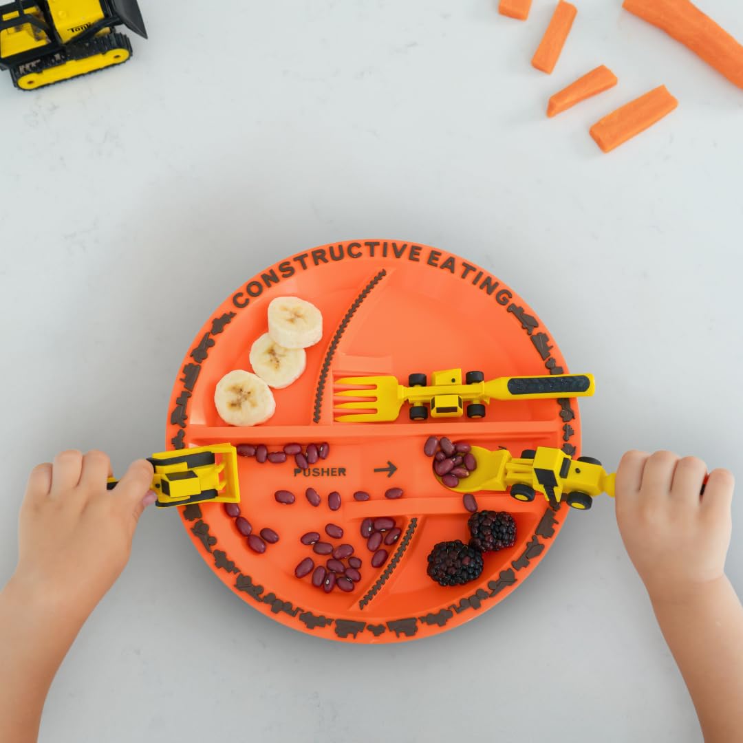 Constructive Eating Made in USA Toddler Eating Set: Kids Placemats for Dining Table with Plate & Utensils, Gifts for 2 Year Old, Toddler Forks and Spoons for Picky Eater (Construction)