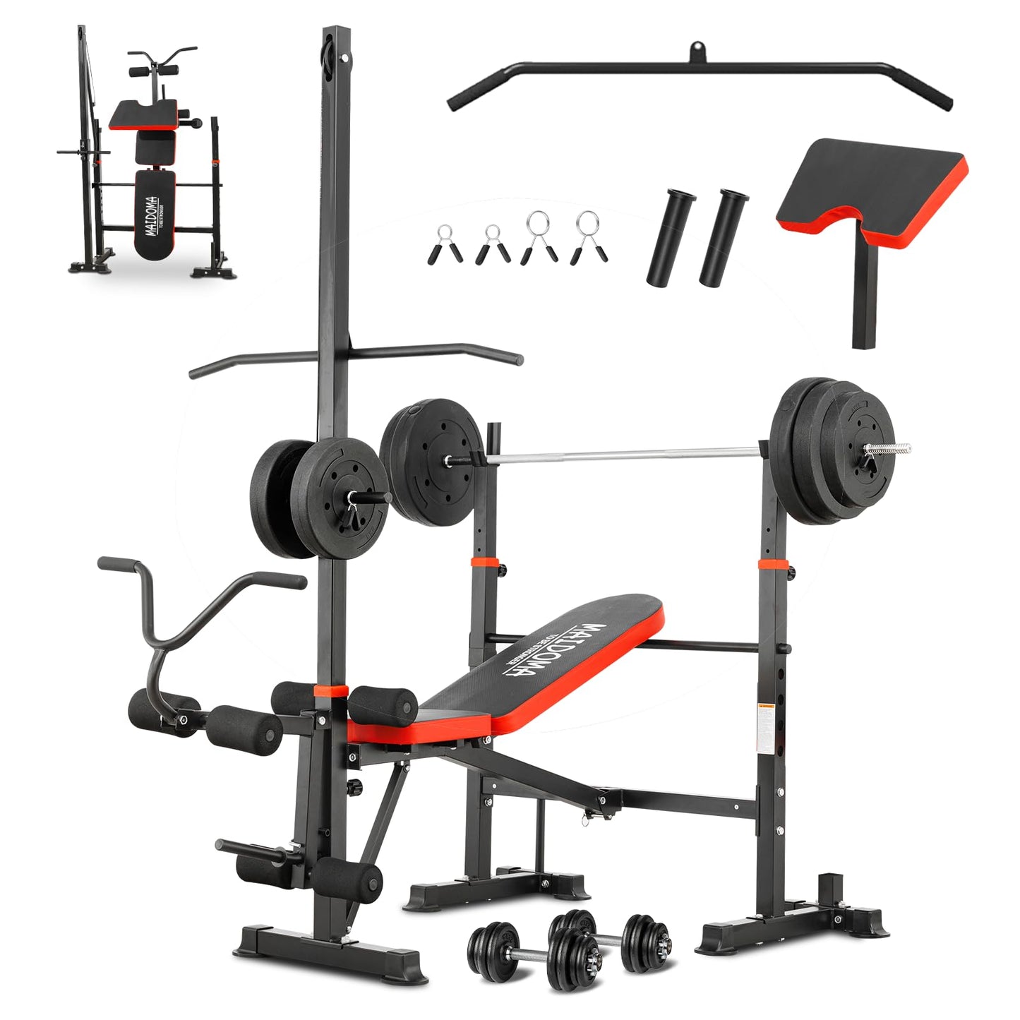 MAIDOMA 1500LB 8 IN 1 Weight Bench with Lat Pulldown and Leg Extension/Curl, Foldable Bench Press with Preacher Curl & Squat Rack, Workout Benches with Safety Bar Catches for Home Gym