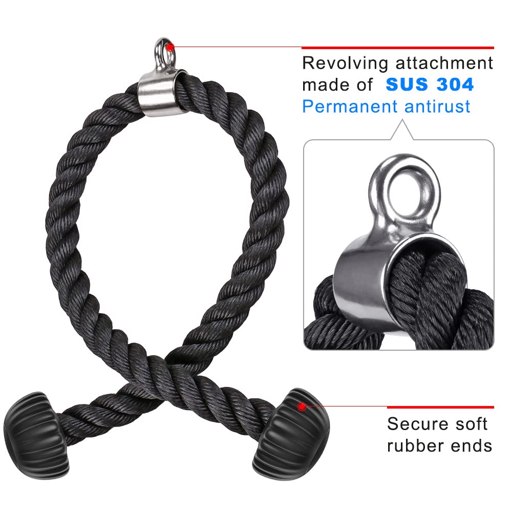 SELEWARE Tricep Rope Cable Machines Attachments for Gym, Heavy Duty Exercise Pulldown Rope with Soft Rubber Ends, Universal Tricep Pull Down Rope for Pulley System (Black, 28")