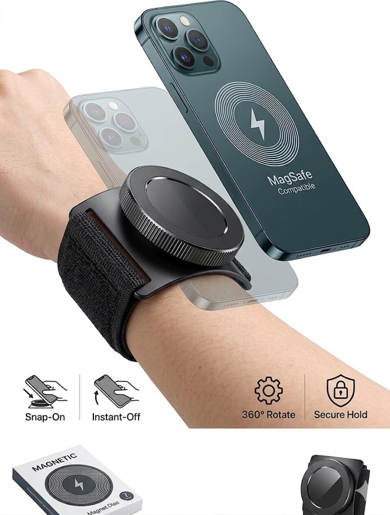 Magnetic Sport Wristband Phone Holder with HD Mirror & N52 Magnet, 360° Rotate Detachable Running Armband for iPhone 17 16 15 14 13 12 Pro Max, Galaxy Sports Wrist Forearm Mount for Gym Cycling