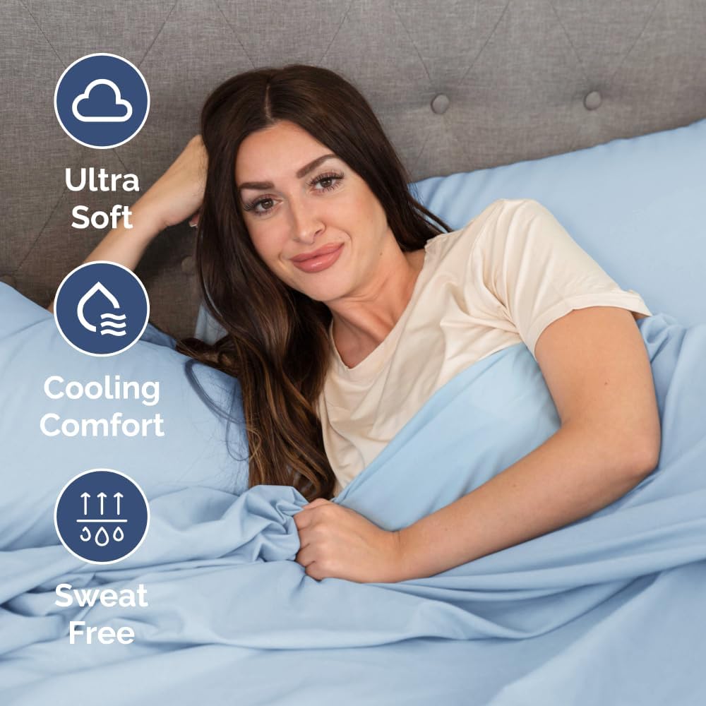 Skiennix Short Queen Size 4-Piece Sheet Set - Soft, Breathable & Cooling Bed Sheets - Deep Pockets - Light Blue