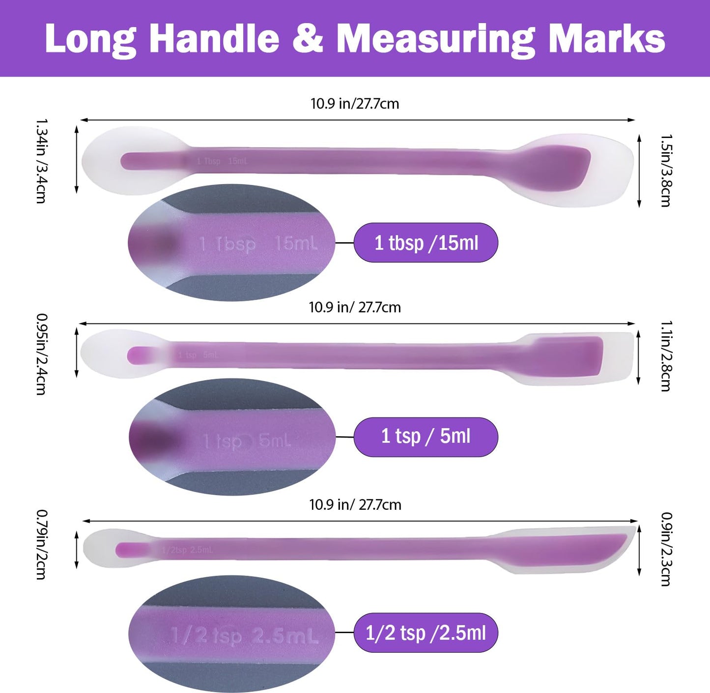 Silicone Dual-Ended Spatula Spoon Set of 3 – Long Handle Jar Scraper & Measuring Spoon with Scale (1 Tbsp, 1 Tsp, 1/2 Tsp) – for Jam, Baking, Cooking, Peanut Butter (purple)