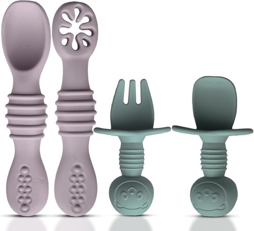 HippoBaby Silicone Baby Spoons Set - Self-Feeding Utensils for 6-12 Months - BPA Free, Dishwasher Safe | Light Pink & Army Green