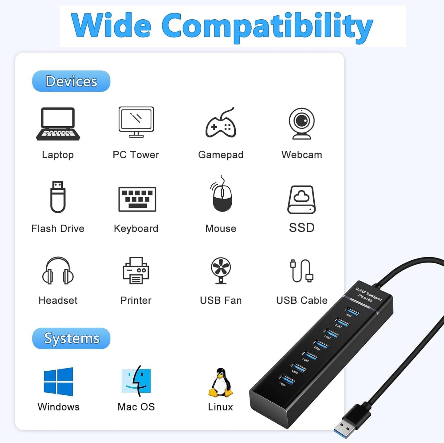 Siawclub USB3.0 7-Port Upgraded Hub, USB Extender Splitter, Multi Device Docking Station Compatible with MacBook