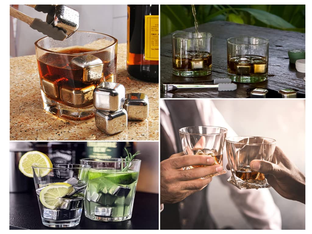 Kellegour 18 PCS Stainless Steel Ice Cubes,Metal Ice Cube,und Velvet Bags+1 Nonslip Ice Tong,Cooling Whisky Rocks,Stainless Steel Whiskey Rocks,For Whiskey,Vodka,Liqueurs,Wine,Beverage Juice or Soda