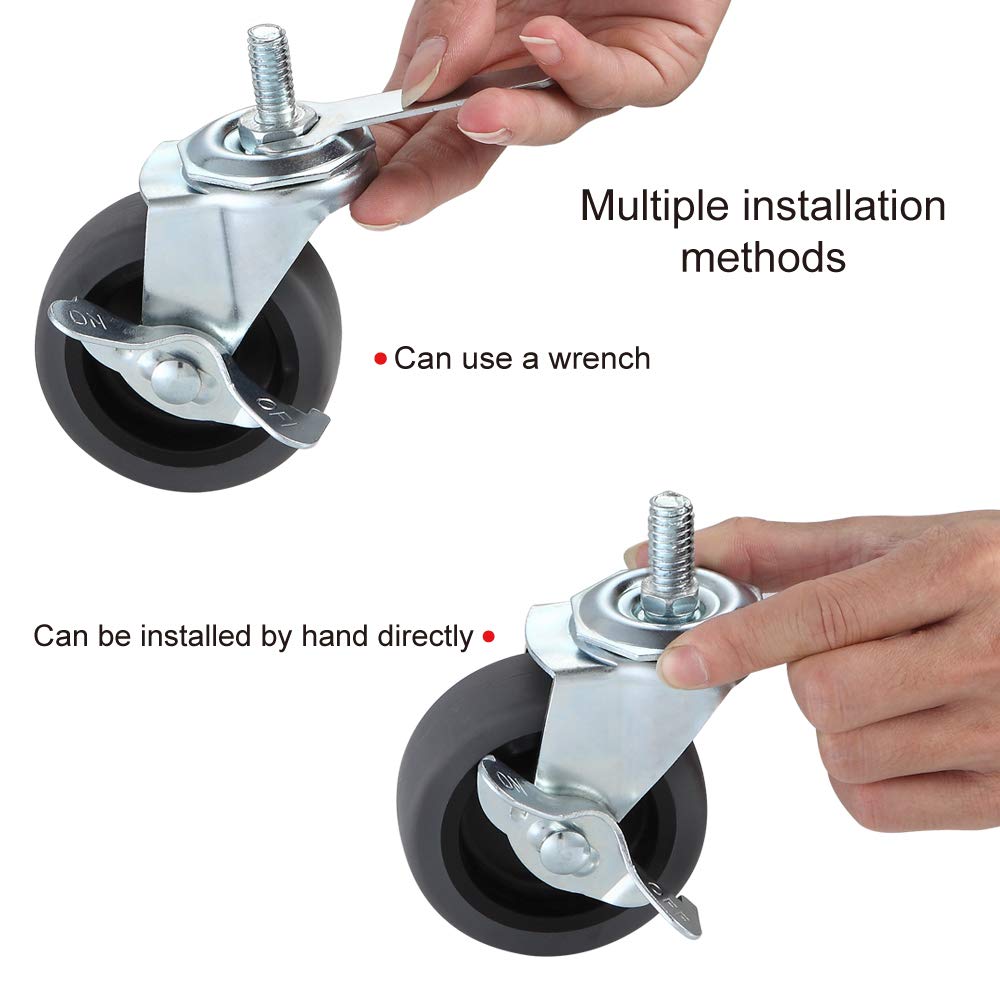 WHARSTM Caster Wheels, 3" Locking Swivel Stem Casters Set of 4, 3/8"-16 x 1 (Screw Diameter 3/8", Length 1") Rubber Casters with 360 Degree No Noise Wheels for Furniture