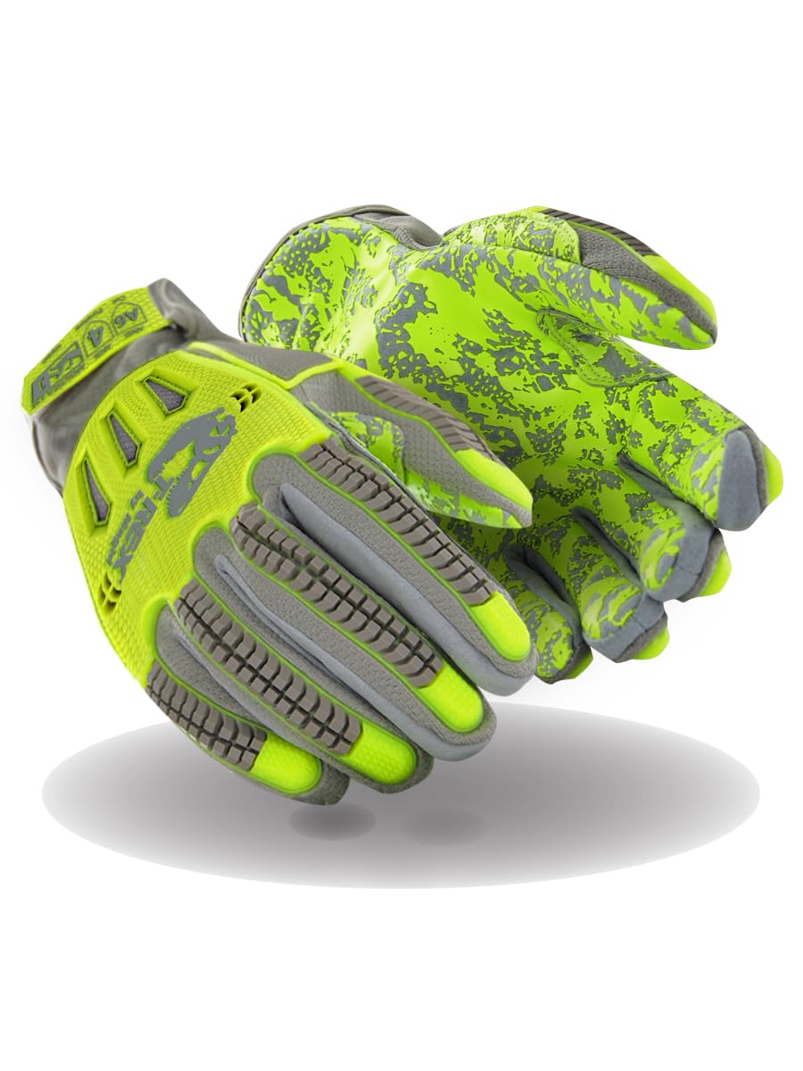 MAGID TRX746 Windstorm Series Impact Gloves | ANSI A6 Cut Resistant Hi-Viz Safety Work Gloves with Cool Mesh Venting, Grey/Yellow/Camo, Size 9/L (12 Pairs)