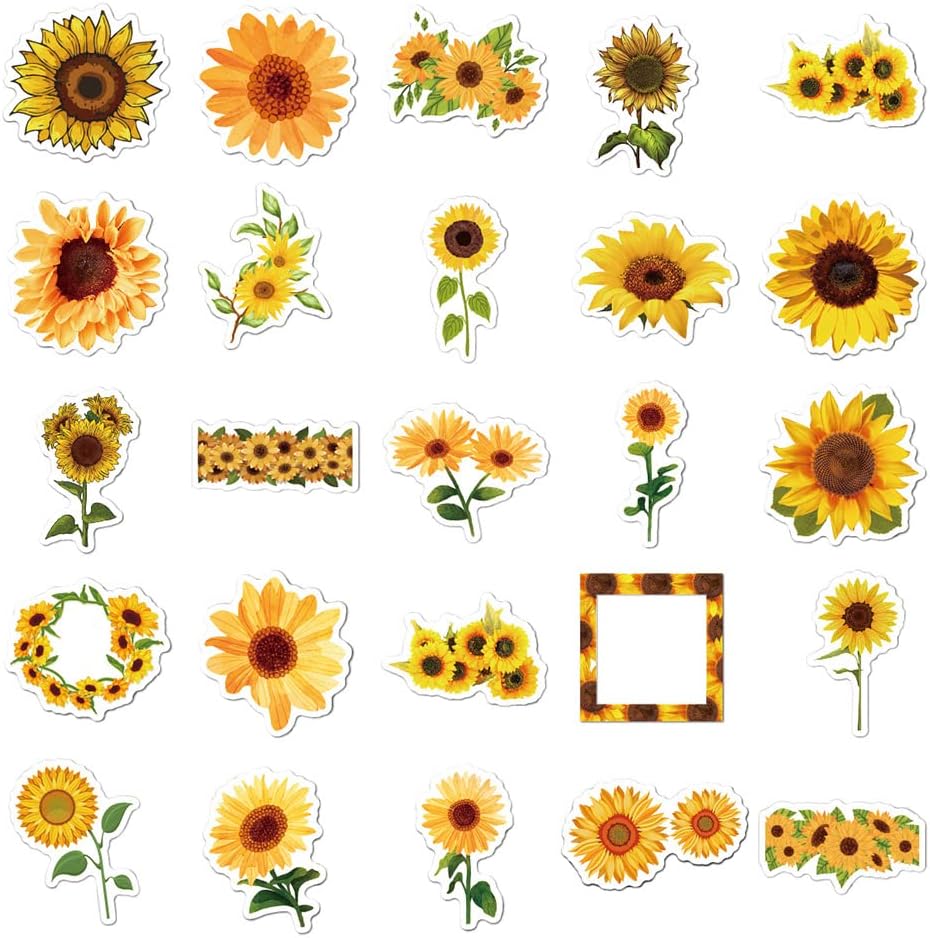Ratgoo 50 Pack Pcs Bright Sunflower Stickers Cheerful Yellow Flowers Waterproof Vinyl Decal Stickers for Water Bottles