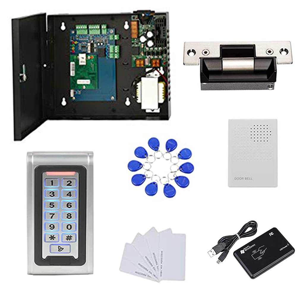 MENGQI-CONTROL Waterproof Metal Keypad Reader Standard North American Strike Lock TCPIP 1 Door Access Control System 110-240V Power Box +RFID Key Fob/Card