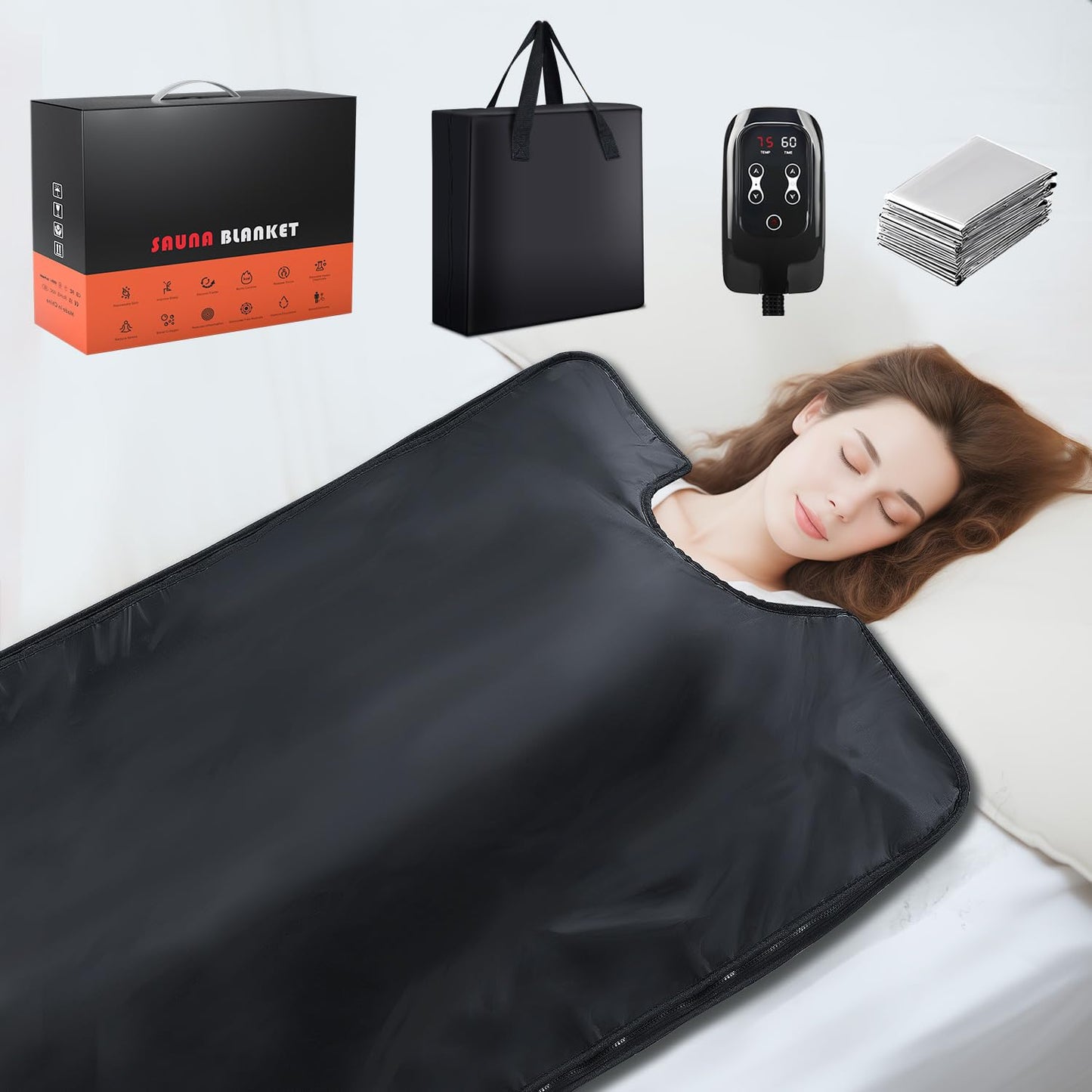RRGFB Infrared Sauna Blanket for Home, Low EMF Carbon Crystal Heating, Portable Dry Sauna Bag for Relaxation, Detoxification, 5.9ft×2.6ft, Sleeveless-Black