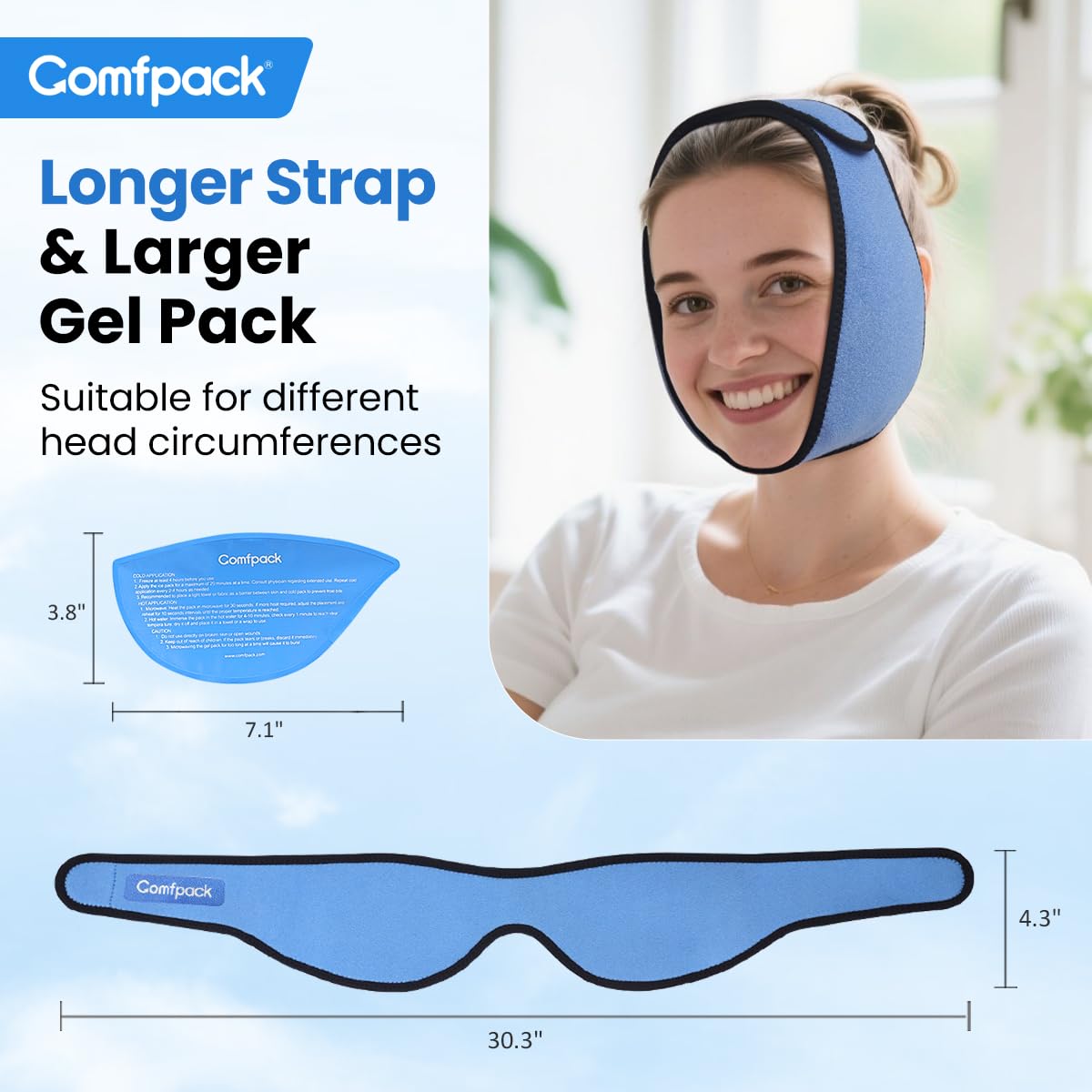 Comfpack Face Ice Pack Wrap for TMJ Relief with 4 Reusable Hot Cold Gel Packs, Wisdom Teeth Ice Pack Head Wrap for Tonsillectomy, Tooth Extraction & Teeth Removed, Oral Surgery, Cosmetic Injection