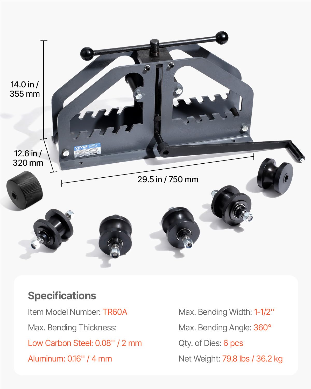 VEVOR Tube Roller Bender, Max 1-1/2" Manual Tube Pipe Roller Bender with 6 Dies, 360° Copper Aluminum Pipe Bending Tool for Square, Round Tube & Flat Bar, Ideal for HVAC Air Conditioning Auto Repair