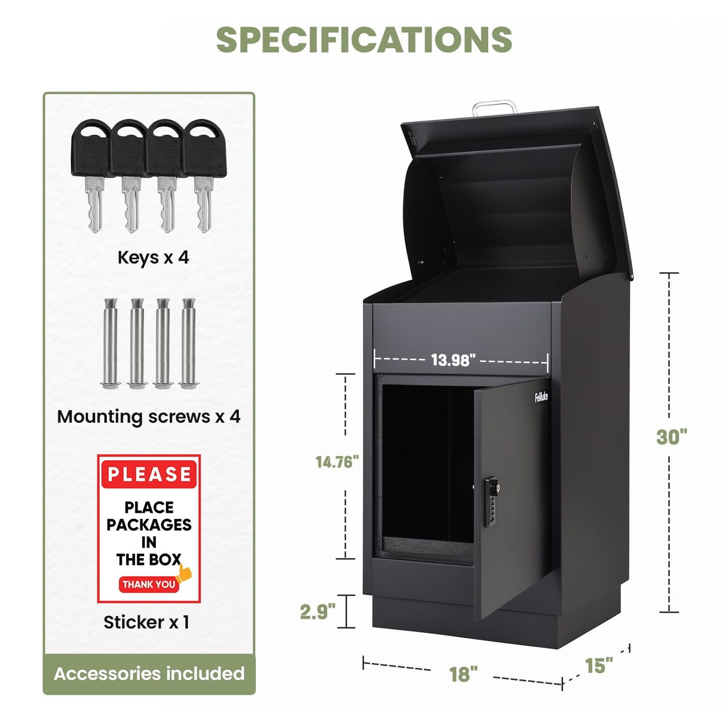 Feliluke Large Outdoor Package Delivery Box, Heavy-Duty Metal Parcel Drop Box, Waterproof & Anti-Theft, Secure Lockable Mailbox for Porch, Curbside & Business Use
