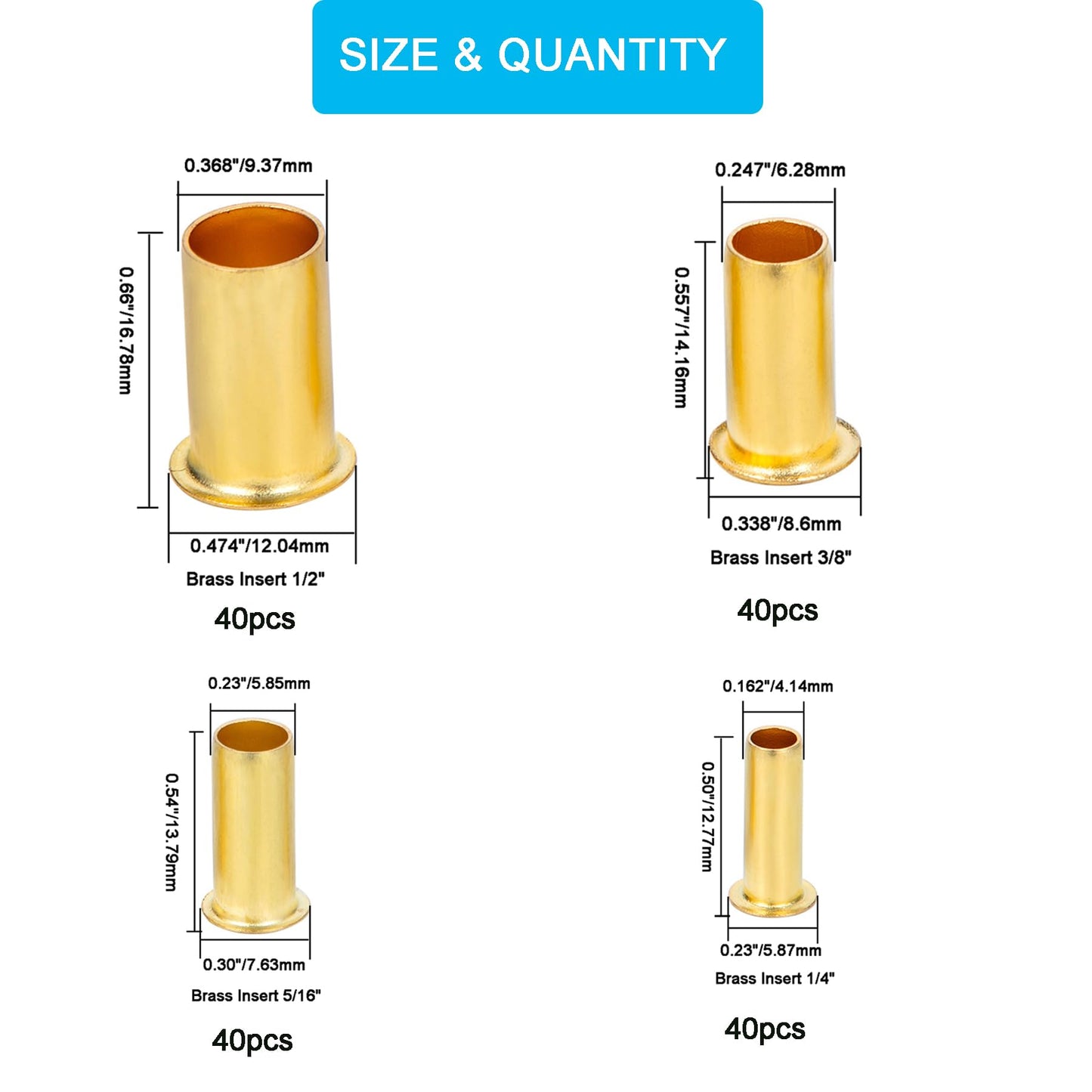 Breezliy 160pcs Tube OD(1/4" 5/16'' 3/8" 1/2") Brass Compression Insert,Brass Compression Fitting Assortment Kit, Insert Tube Support Compression Sleeve Fitting