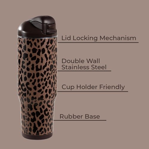HydroJug 32oz Stainless Steel Water Bottle - Straw & Chug Lid, Vented Cap, Non-Slip Base | Brown Leopard
