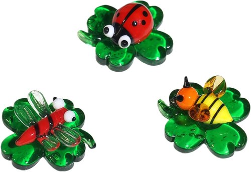Colorful Glass Insects by 3Ca3s1 - Handmade Miniature Animal Figurines, 3pcs, Green & Red