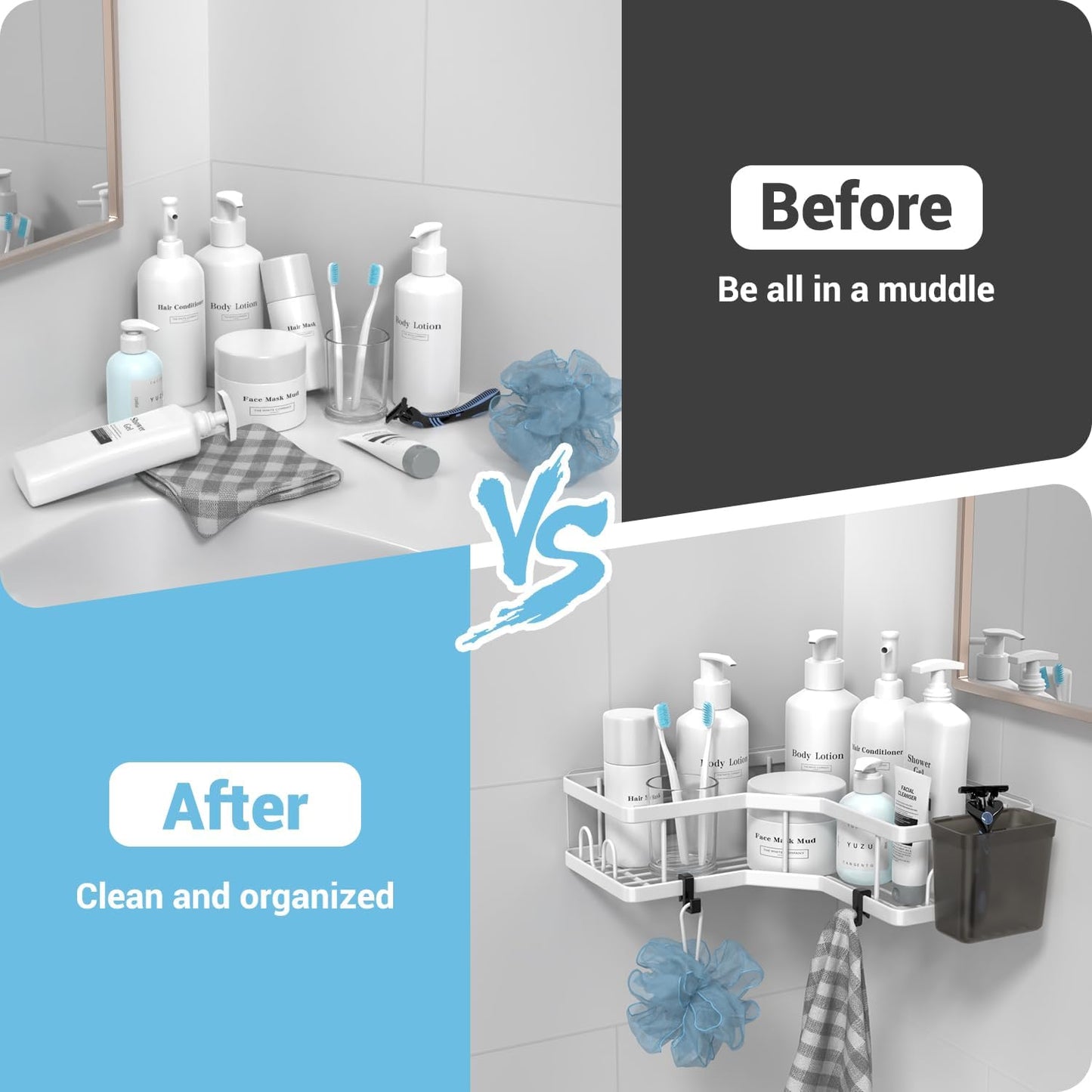 **AKTECKE Shower Caddy | 2-Pack Corner Organizer Shelf - No-Drill Stainless Steel Bathroom Storage with Hooks**