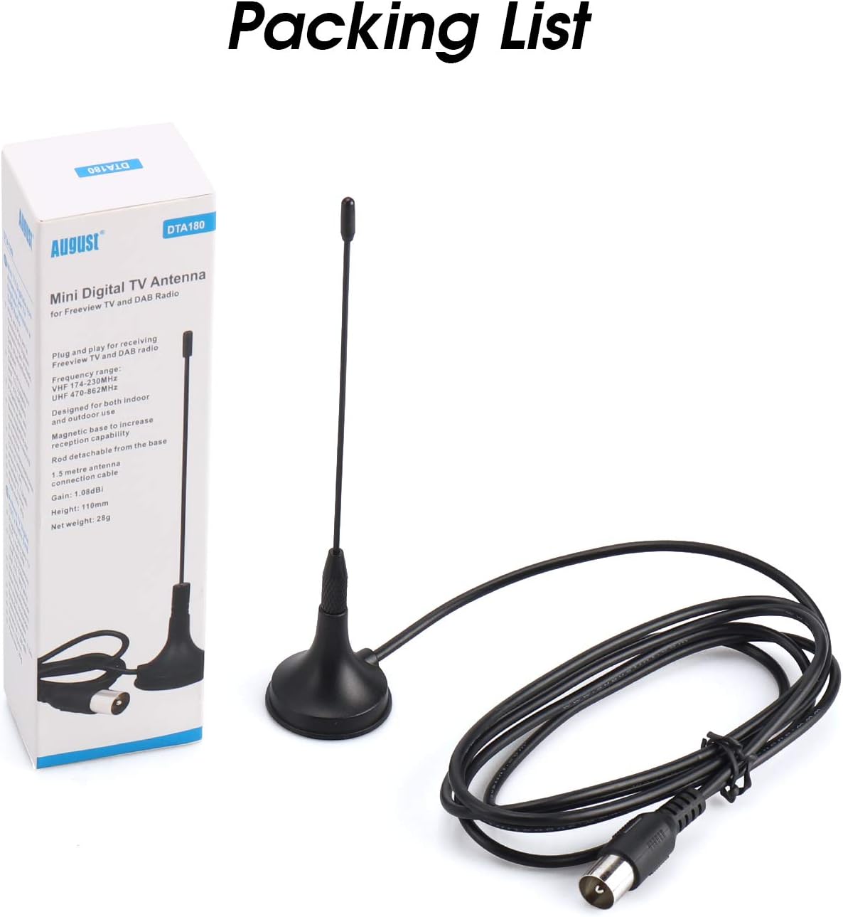 August DTA180 Setup HDTV Antenna - - Portable Mini Digital Aerial with Magnetic Base - Easy - Optimized for Free