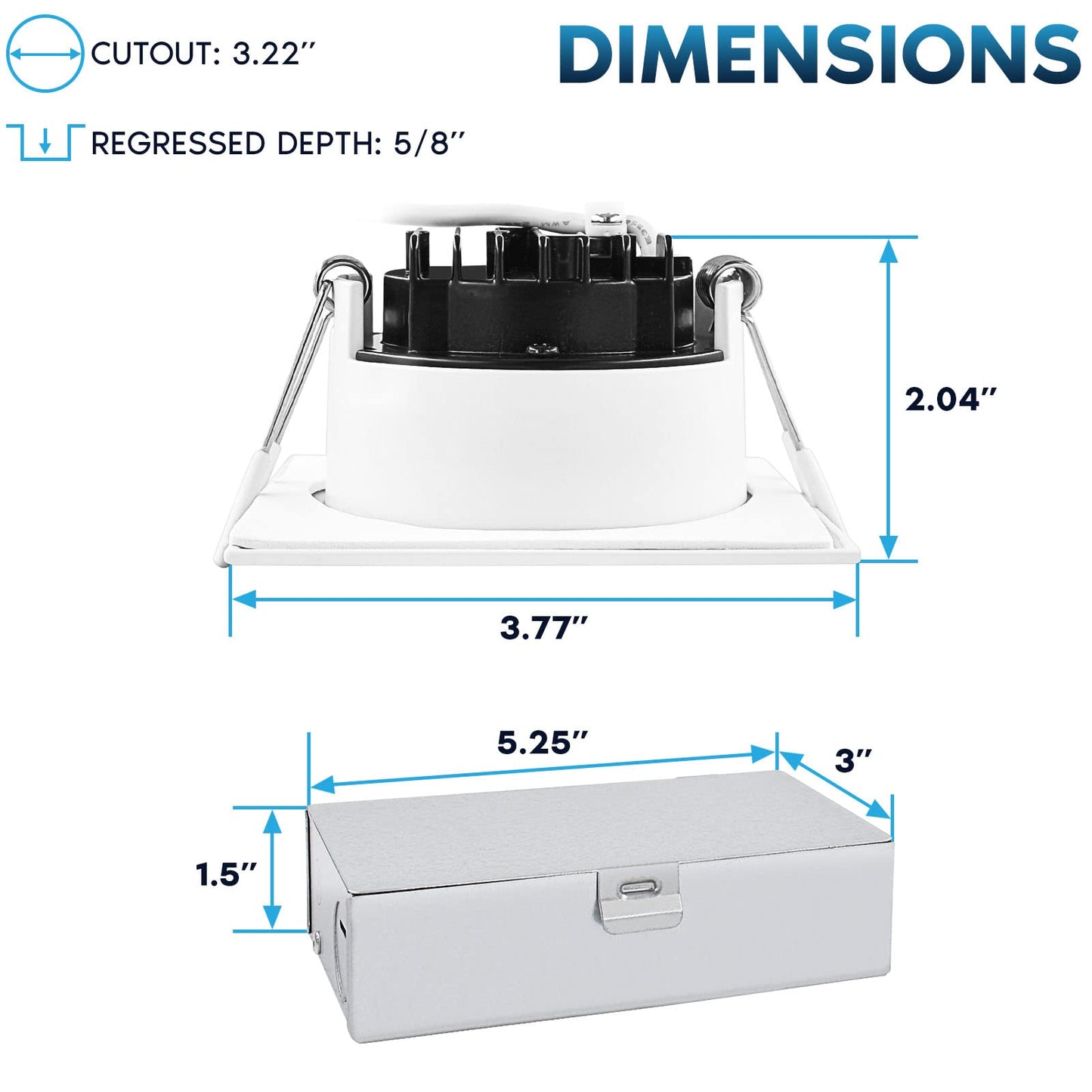 LUXRITE 3 Inch Square LED Recessed Ceiling Light with Junction Box, 10W, 5CCT Selectable 2700K/3000K/3500K/4000K/5000K, 800LM High Brightness, Dimmable Canless Downlight, Wet Rated, ETL (4 Pack)