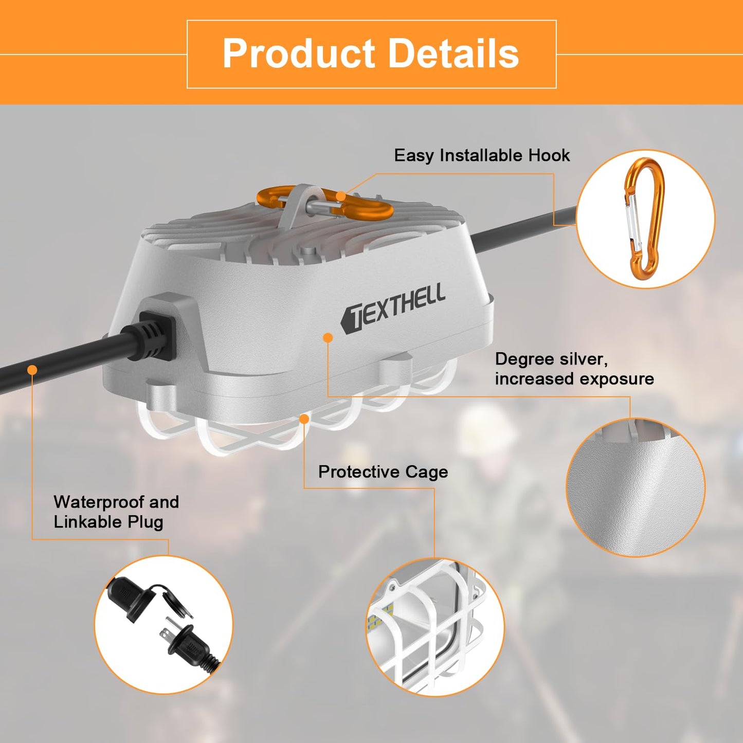 100ft LED Construction String Lights 300W Super Bright 30000LM Work Lights String Connectable Design for Workplace, Warehouse, Garage, RV, Indoor and Outdoor Weatherproof Temporary Lighting