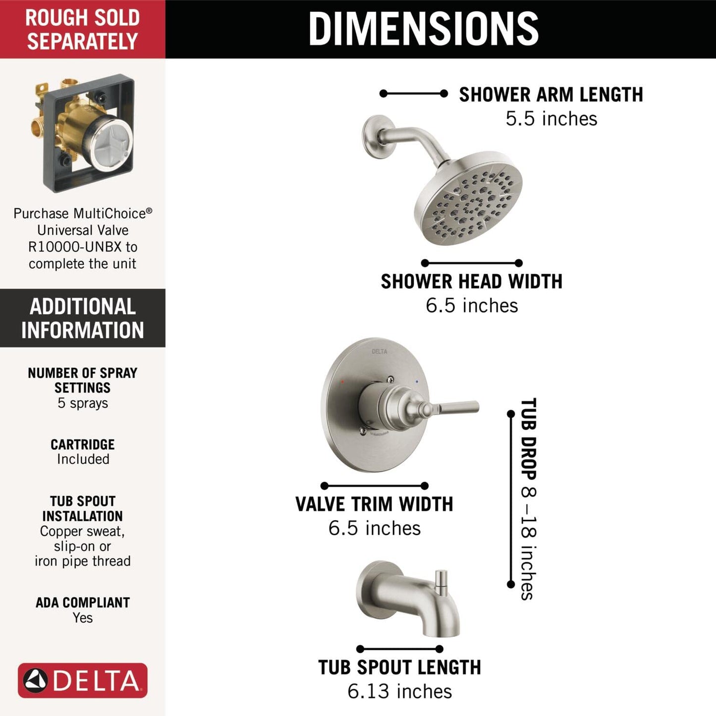 Delta Faucet Saylor 14 Series Brushed Nickel Tub and Shower Faucet Combo, Bathtub and Shower System, Shower Trim Kit, Bathtub Faucet Set, Shower Tub Faucet, Stainless T14435-SS (Valve Not Included)
