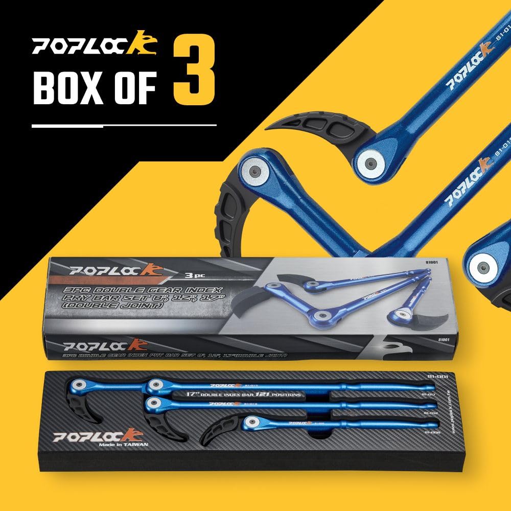POPLOCK 3-Piece Indexing Pry Bar Set, 8" 12" 17" Adjustable Articulating Mechanic Pry Bars with Double Gear Head for Brake, Wheel Hub, Belt Tensioner, Suspension & Engine Bay Work